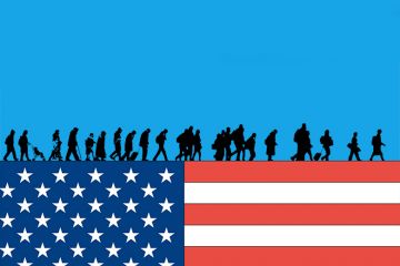 Illustration of people walking across top of the US flag, illustrating academics leaving America. Illustration of people walking across top of the US flag, illustrating academics leaving America.