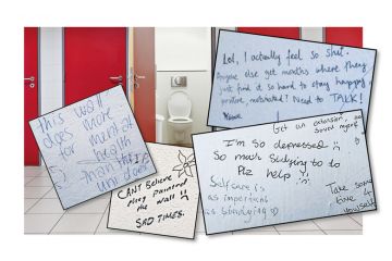 A toilet with a montage of different graffiti writing over the image A toilet with a montage of different graffiti writing over the image to illustrate Loo graffiti offers campus solace