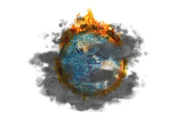 Montage of a circuit board engulfed in smoke and flames to illustrate  AI is here to stay, so we may as well learn to use it? That’s a cop-out