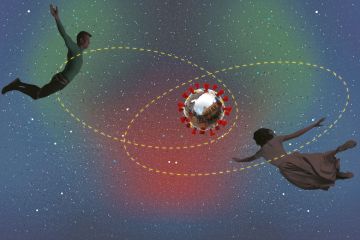 Couple flying with each in a yellow halo around them and a coronavirus with a University in the centre.