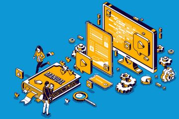 Illustration of nuts, bolts manual book, various objects and computer screen