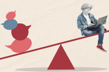 Concept image speach bubbles and person on laptop with a statue head on each end of a seesaw Concept image speach bubbles and person on laptop with a statue head on each end of a seesaw to illustrate The OfS’ guidance on free speech goes too far