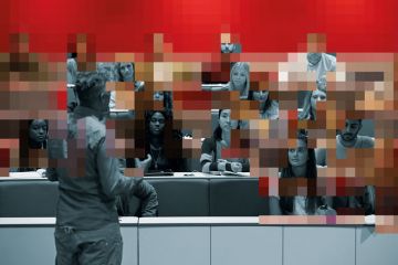 Collage of a man presenting to students at a lecture theatre with digital pixels over them illustrate It is time to stop talking about digital education