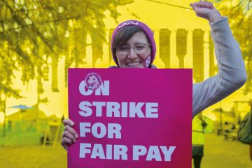 Person on a protest against payments and pensions as more than 70,000 university staff are on strike in the UK