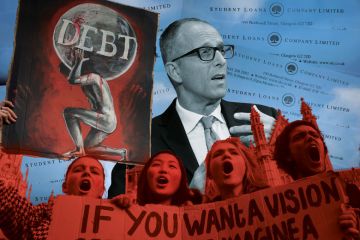 Collage with A young student protests outside parliament in Westminster, against spending cuts, tuition fees and student debt. to illustrate Augar response makes balanced adjustments to England’s funding model