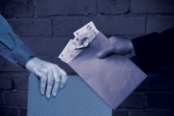 Montage of a hand with an envelope of money and a hand with a folder to illustrate The omertà on rampant cheating by international students can’t hold forever