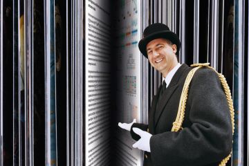 Montage of a closeup of the edge of open book pages with a person smiling gesturing towards it to illustrate Peer reviewers: chill out and don’t let the power  go to your head