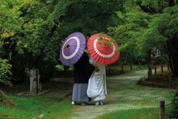 Japanese couple with umbrellas in the botanic garden, Kansai region, Kyoto, Japan to illustrate Newly merged Japan university ‘model’ for sector, says president