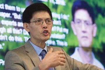 Xiaoxing Xi speaking about the dropped charges against them of spying for China, during a press conference as mentioned in the copy