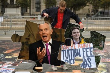 Montage of man holding his artwork of two puzzle pieces that don't fit with an image of Tony Blair and the other with a student holding a banner about tuition fees as described in the article