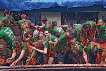People in a truck throw overriped tomatoes to the street during the "Tomatina" annual food battle in the Spanish eastern town of Bunol People in a truck throw overriped tomatoes to the street during the "Tomatina" annual food battle in the Spanish eastern town of Bunol to illustrate Admissions algorithm error causes ‘chaos’ for Spanish students