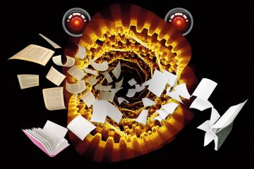 Montage of a machine in the shape of a monster eating books to illustrate Publishers must not feed the machine munching through the academy