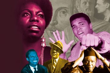 Montage of famous people with close up of money behind them.