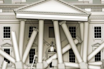 Concept of a building with columns, windows, and the basic structure falling down to illustrate Why UK universities are really going broke