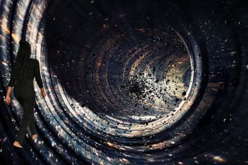 Composite image lady walking into the Black hole concept with deep universe galaxy, planets, stars.as a metaphor for Making the ‘disordered cosmos’ add up.