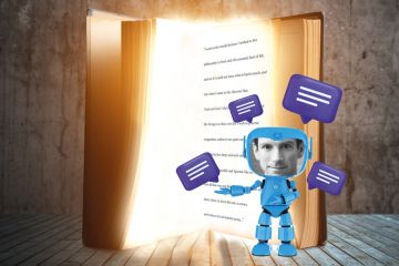 Concept image of John Haag inside a robot and speech bubbles and an open book behind him to illustrate Why I turned myself into an AI chatbot