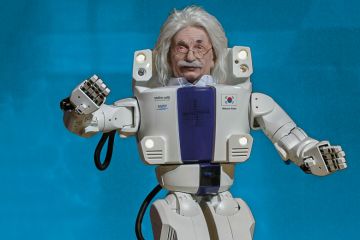 Albert Einstein head in a  humanoid prototype to illustrate AI will replace academics unless our teaching challenges students again