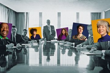 Montage of members of the board all turn to face the camera during a board meeting some have different diversity heads over them Montage of members of the board all turn to face the camera during a board meeting some have different diversity heads over them to illustrate In difficult times, v-cs and executives need more diverse boards to lean on