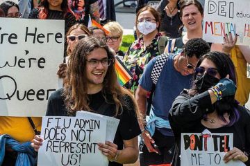 A group of Florida International University students students, staff and community members protest against Governor Ron DeSantis and the Florida Legislature  to illustrate US campuses largely escape partisan hits on tenure and teaching