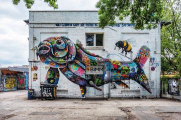 Berlin-Friedrichshain RAW Gelande.BIMM Music Institute building with street art by Louis Masai  for UK’s for-profit college heads pocket bumper pay deals