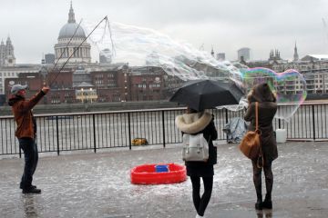 Performer produces giant bubble London, UK to illustrate Has the bubble burst on edtech’s rapid expansion?