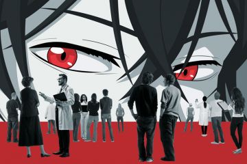 Montage of red cartoon eyes watching a crowd of people to illustrate will the maturation furore increase ethical oversight