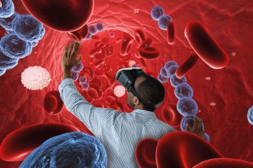 Montage of a person looking at streptococcus in blood to illustrate Immersive technology’s potential to transform education is enormous