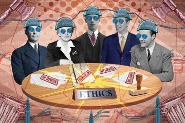 Group sitting around table being brainwashed with 'Not approved' signs on the table to illustrate Why we should abolish ethics committees