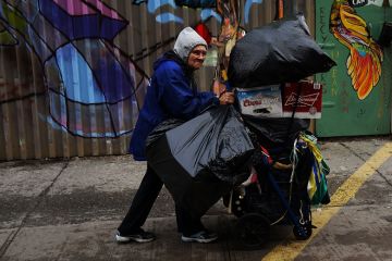 Woman collecting bottles and cans for money, Brooklyn, New York City