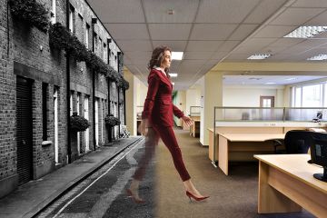 Woman walking from home to office, with less visibility at home. To illustrate whether professional services staff would be better off if their work were more visible to the university community. Woman walking from home to office, with less visibility at home. To illustrate whether professional services staff would be better off if their work were more visible to the university community.