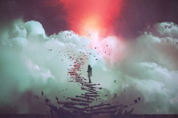 Woman standing on broken stairs Woman standing on broken stairs