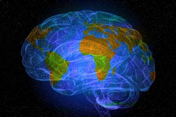 A networked brain with a world map superimposed