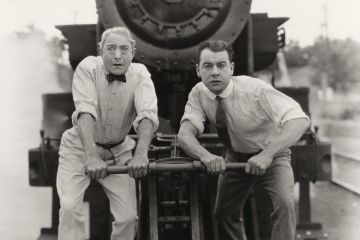 Worried men in front of runaway train Worried men in front of runaway train