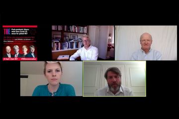 Jo Johnson, Lord Willetts and Chris Skidmore with Sara Custer. Zoom webinar 23rd April 2020.