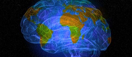 A networked brain with a world map superimposed