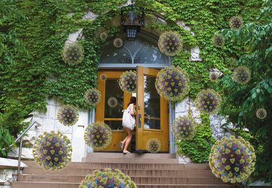 Montage of university entrance with coronavirus