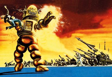 1950s robot menacing man and being attacked by military