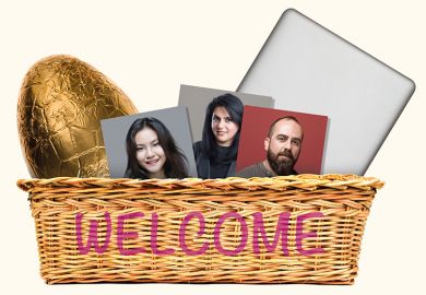 Montage of welcome basket containing Easter egg, photos and laptop