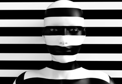 3D rendering of a womans face trying to blend in with the black and white striped background