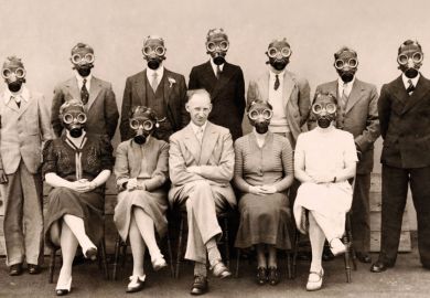 A group of people wearing gas masks