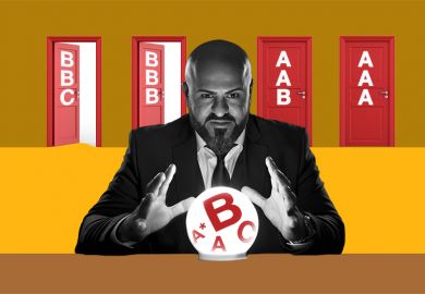 A man using a crystal ball to predict A-level grades, with doors behind him with university grade offers – some are open and some are closed because of a B grade prediction.