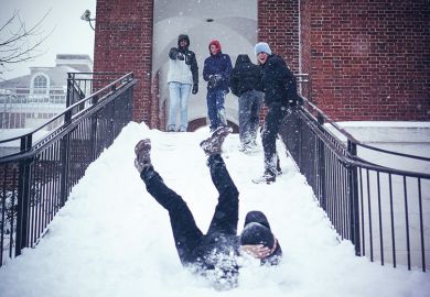 Student slips on snowy staircase, Johns Hopkins University