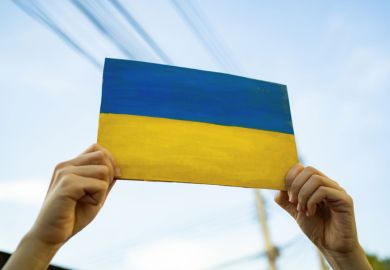 A man holding cardboard painted into Ukraine flag