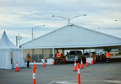 A temporary tent set up for public covid-19 drive through tests in Melbourne in July 2021 during the state's fifth lockdown to try to get the delta variant of the coronavirus eliminated.