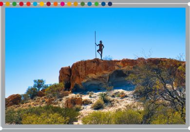 Giant stylised silhouette of an Aboriginal man with spear in the Western Australian outback near Mount Magnet. To illustrate Australia claiming top billing in the Impact Rankings 2025.