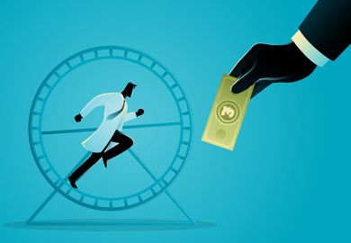 Person in a lab coat on a treadmill with a manager’s hand holding money in front of them. To illustrate that financial problems are causing universities to double down on an officious management style that is sapping academic morale.