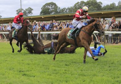 Adelaide, Australia - March, 26, 2016 Baklava Boy (NZ) with Richard Cully, takes a tumble during the Neutrog Young Members Benchamark 120 Hurdle- 1500 m, at the Oakbank Racing Carnival Club Easter Carnival near Adelaide South Australia. The event runs ann