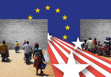 People from Afirca walking towards a brick wall blocking access to Europe, whilst the US stars and stripes gain access through the wall. To illustrate European universities welcoming scientists from the US, despite worse conditions elsewhere. People from Afirca walking towards a brick wall blocking access to Europe, whilst the US stars and stripes gain access through the wall. To illustrate European universities welcoming scientists from the US, despite worse conditions elsewhere.