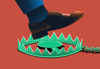 Man stepping into digital bear trap, as an illustration that the failure to explain how AI-aided academic writing is a form of plagiarism leaves graduate students horribly compromised.