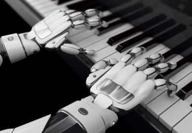 A robot plays the piano, symbolising artificial intelligence